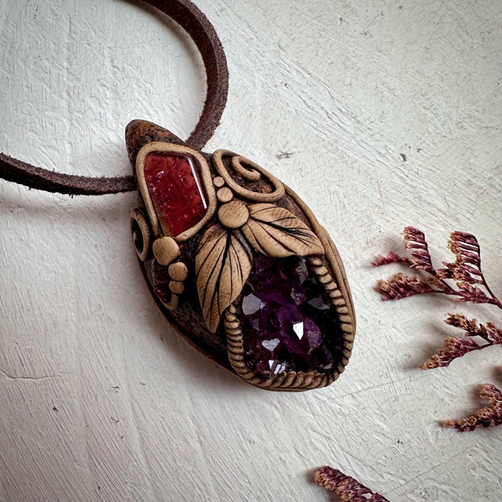 Amethyst Cluster Bi Color Tourmaline and Raw Mozambique Ruby Pendant Necklace - FairyGardenGlow