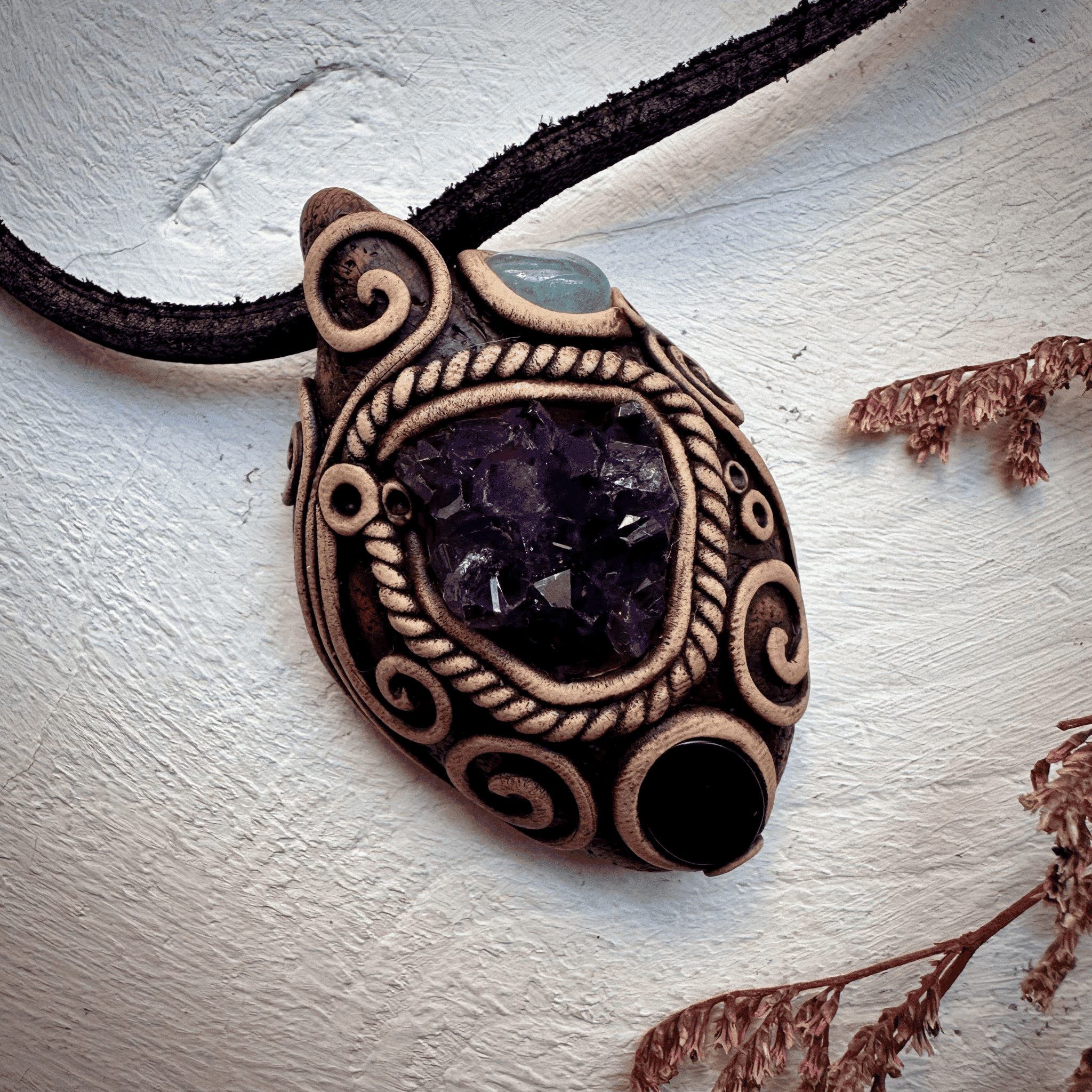 Amethyst Cluster Black Onyx and Aquamarine Pendant Necklace - FairyGardenGlow
