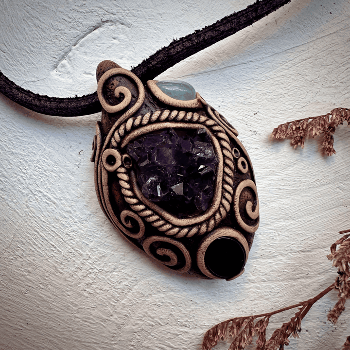 Amethyst Cluster Black Onyx and Aquamarine Pendant Necklace - FairyGardenGlow