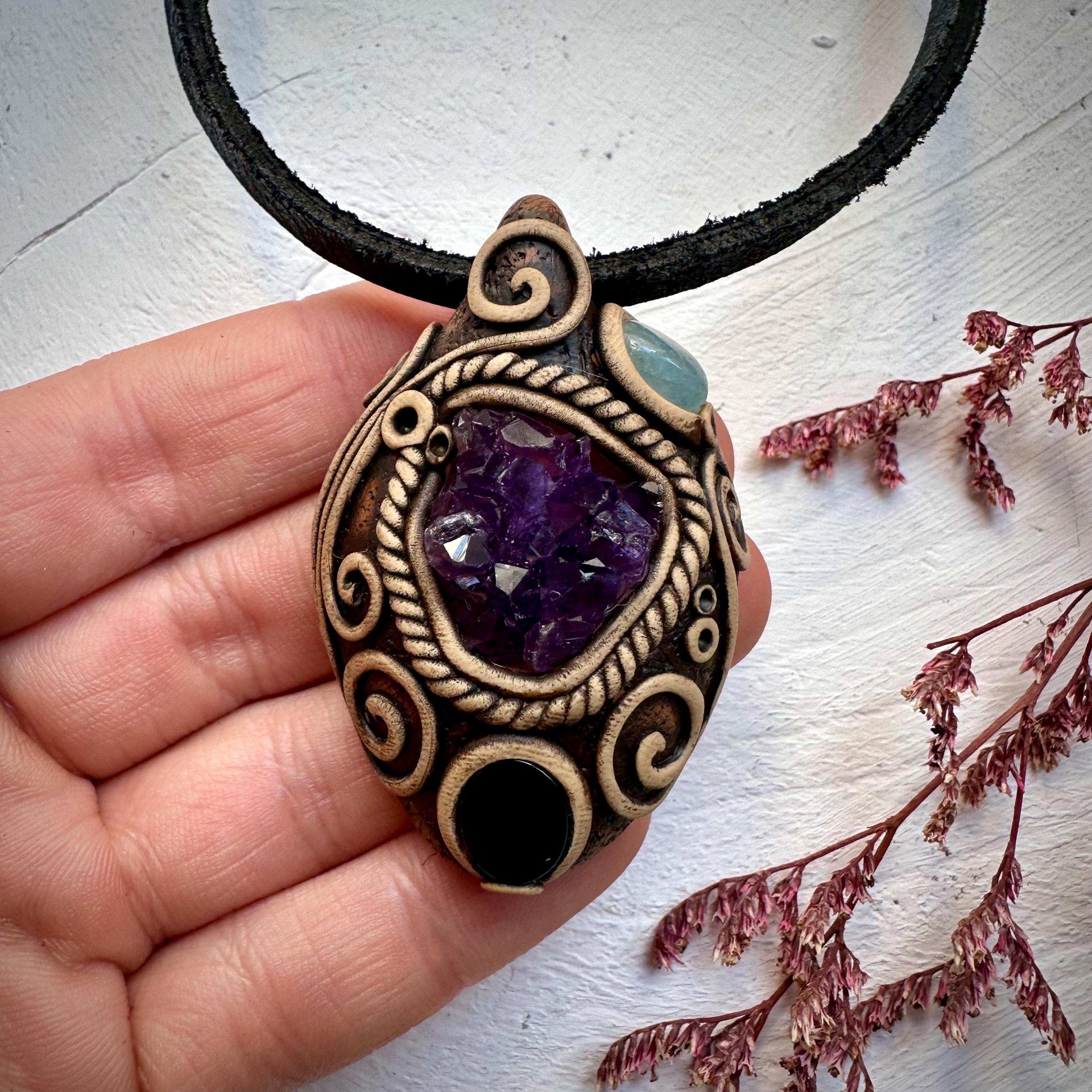 Amethyst Cluster Black Onyx and Aquamarine Pendant Necklace - FairyGardenGlow