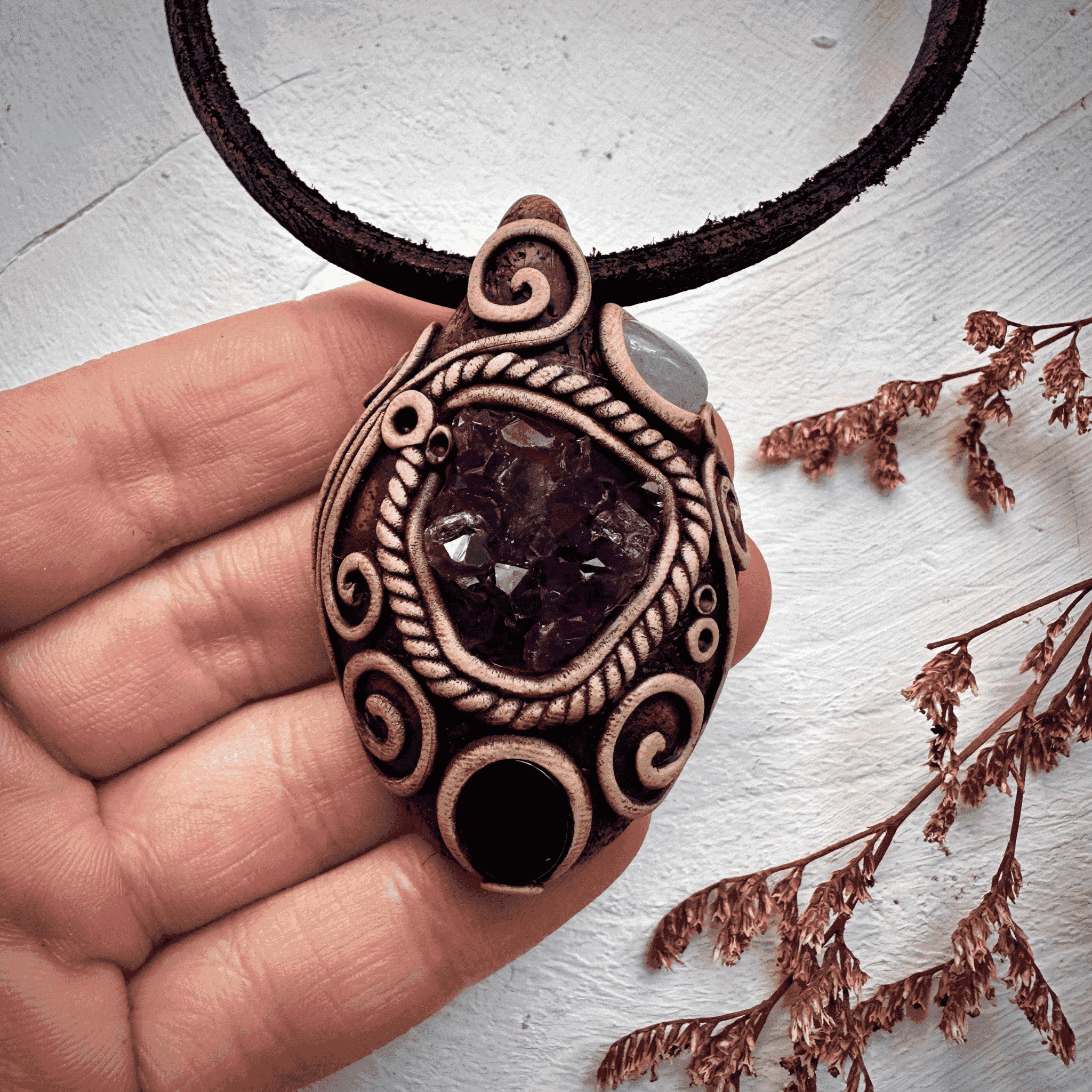 Amethyst Cluster Black Onyx and Aquamarine Pendant Necklace - FairyGardenGlow