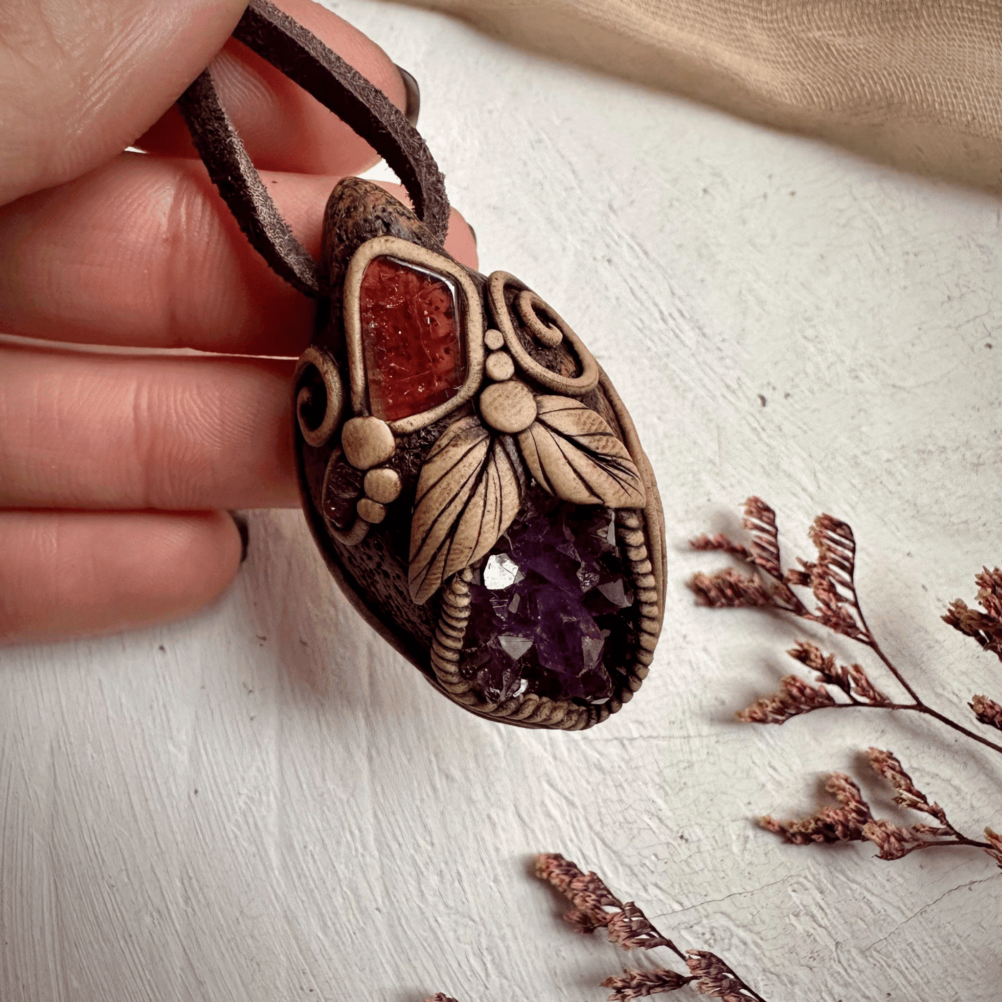 Amethyst Cluster Bi Color Tourmaline and Raw Mozambique Ruby Pendant Necklace - FairyGardenGlow
