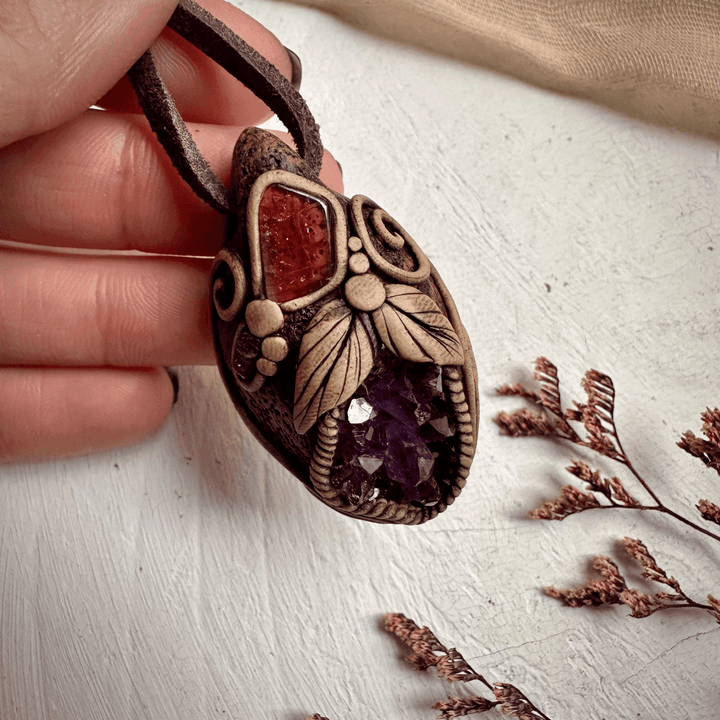 Amethyst Cluster Bi Color Tourmaline and Raw Mozambique Ruby Pendant Necklace - FairyGardenGlow
