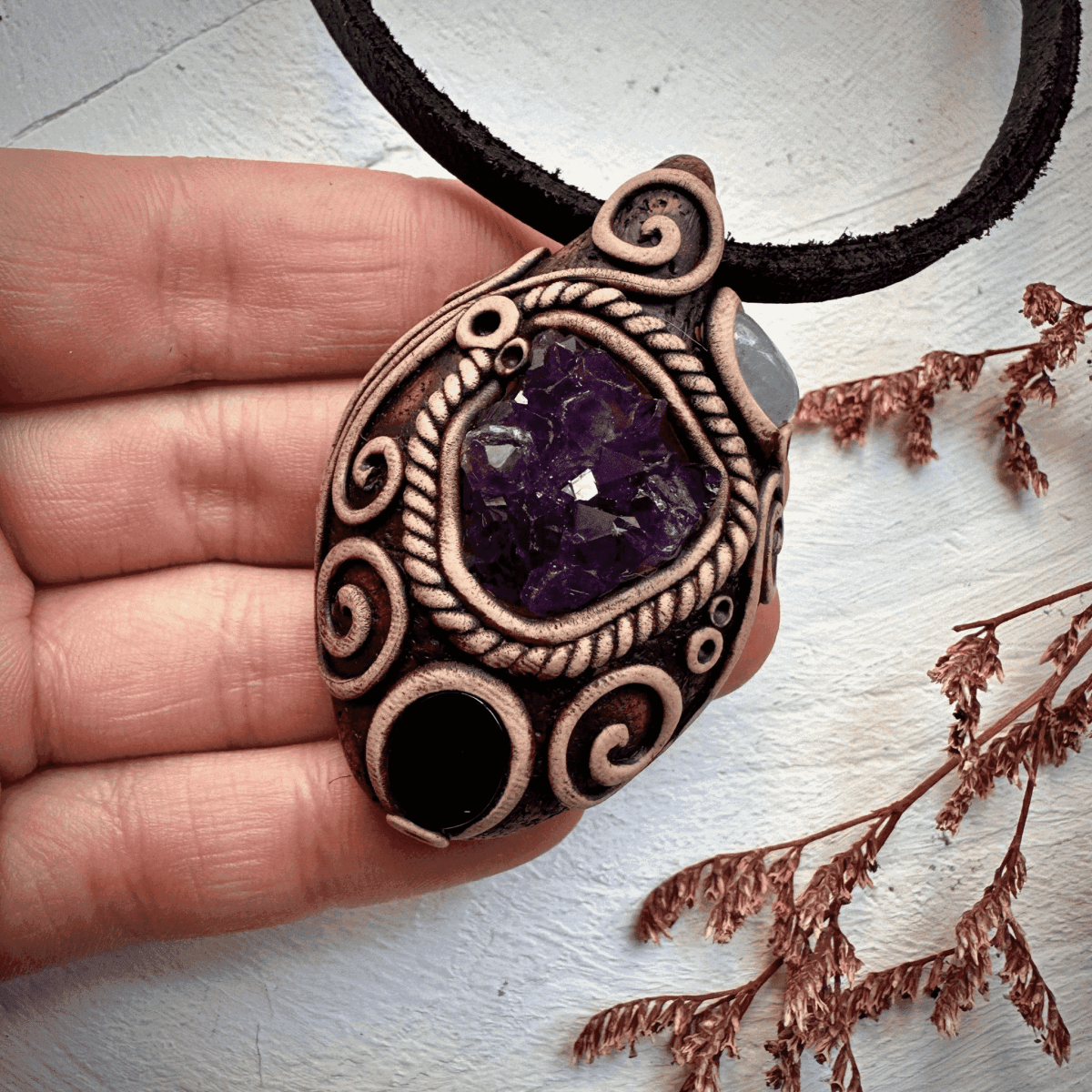Amethyst Cluster Black Onyx and Aquamarine Pendant Necklace - FairyGardenGlow