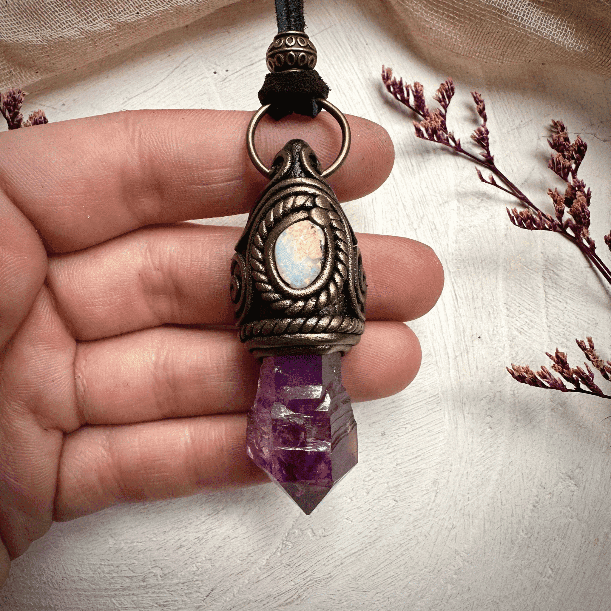 Amethyst Point and Boulder Opal Necklace - FairyGardenGlow