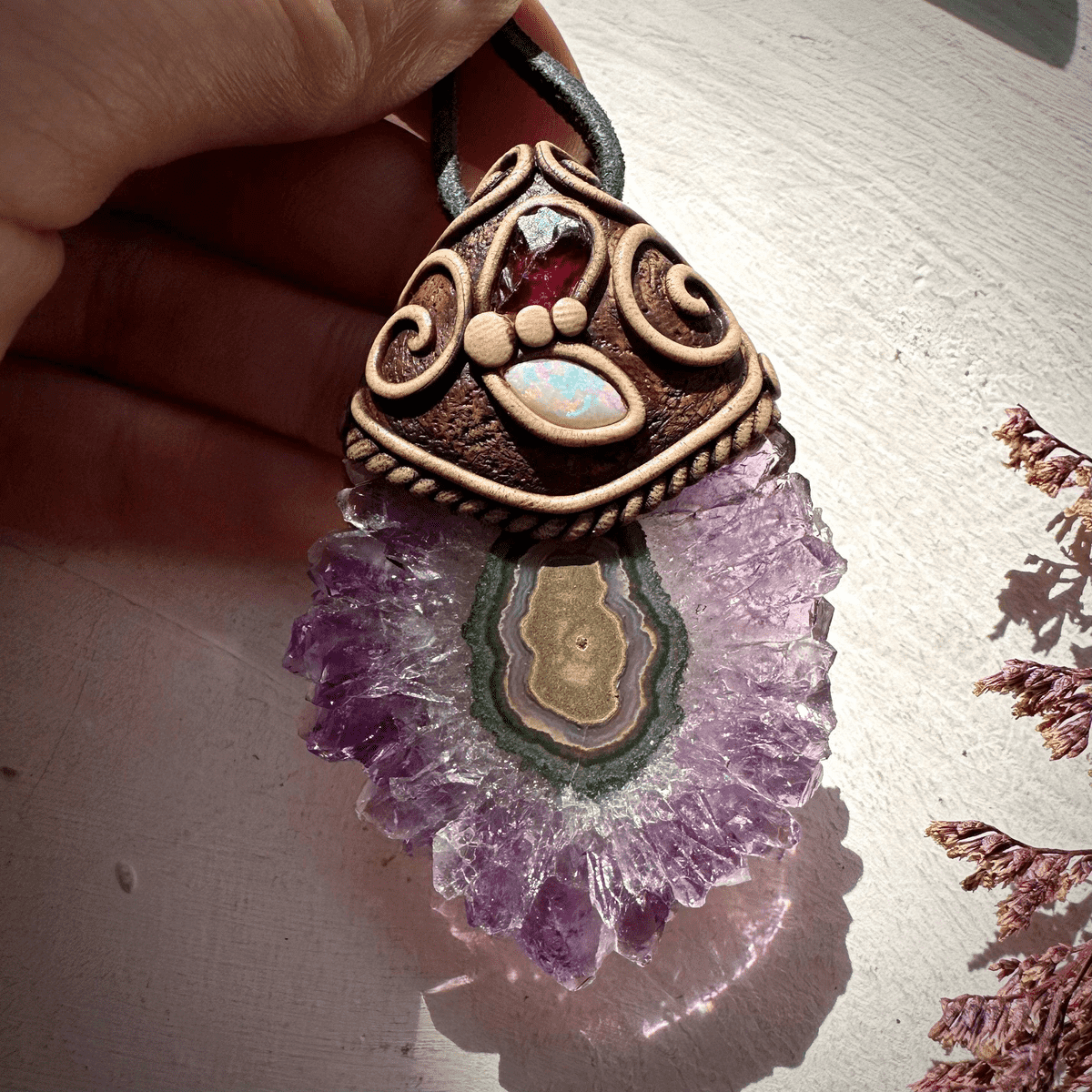 Amethyst Stalactite with Australian Opal and Rhodolite Garnet Necklace - FairyGardenGlow