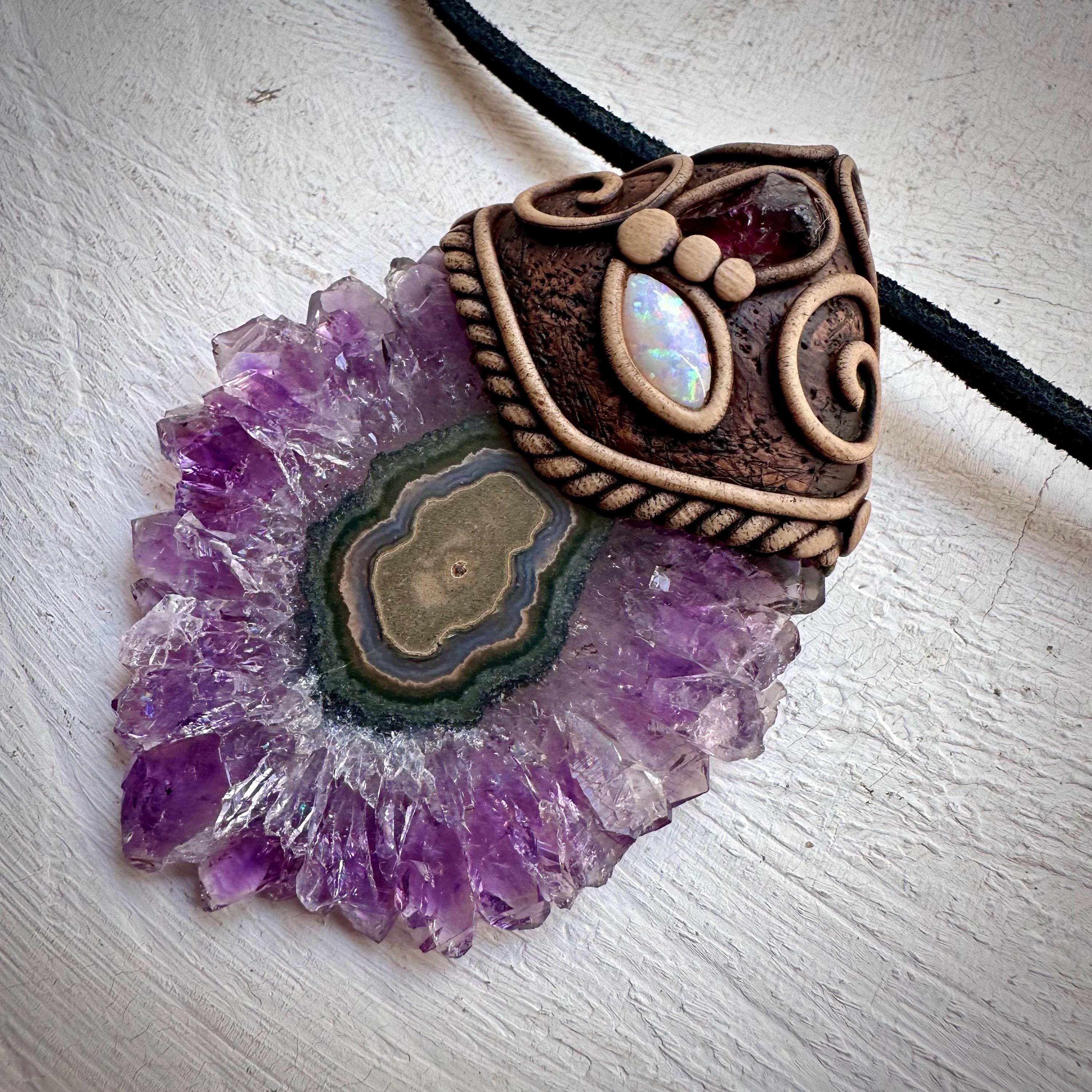 Amethyst Stalactite with Australian Opal and Rhodolite Garnet Necklace - FairyGardenGlow