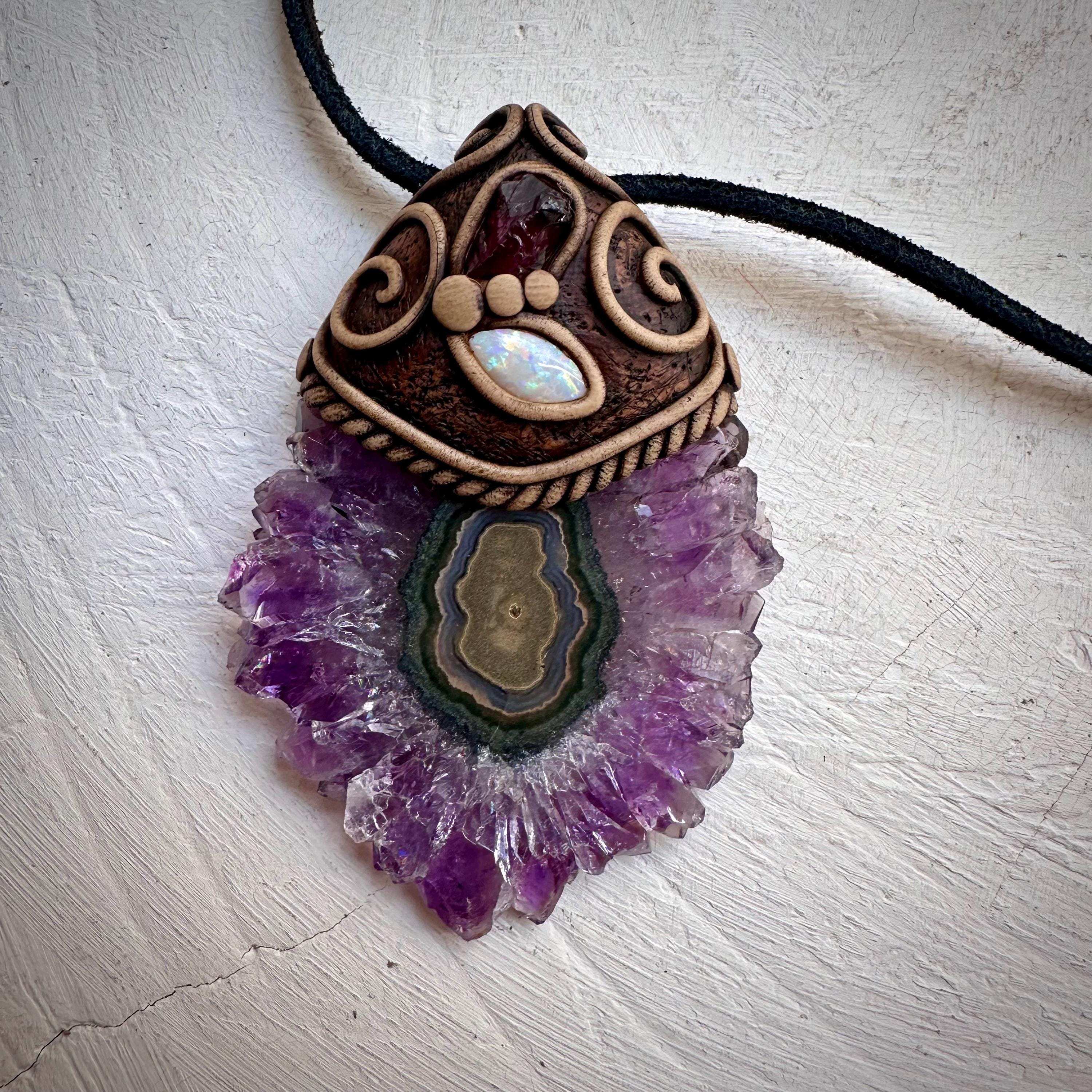 Amethyst Stalactite with Australian Opal and Rhodolite Garnet Necklace - FairyGardenGlow