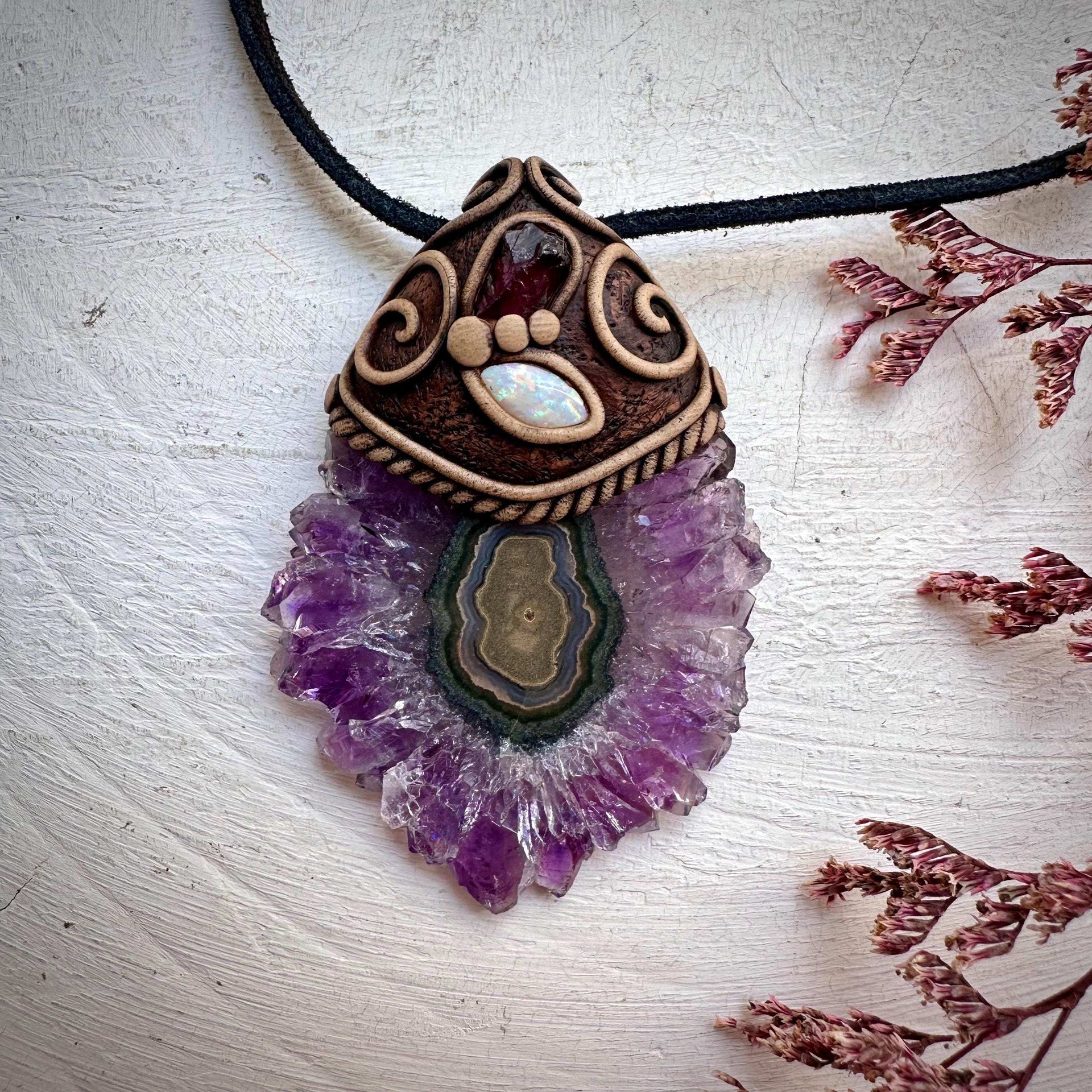 Amethyst Stalactite with Australian Opal and Rhodolite Garnet Necklace - FairyGardenGlow