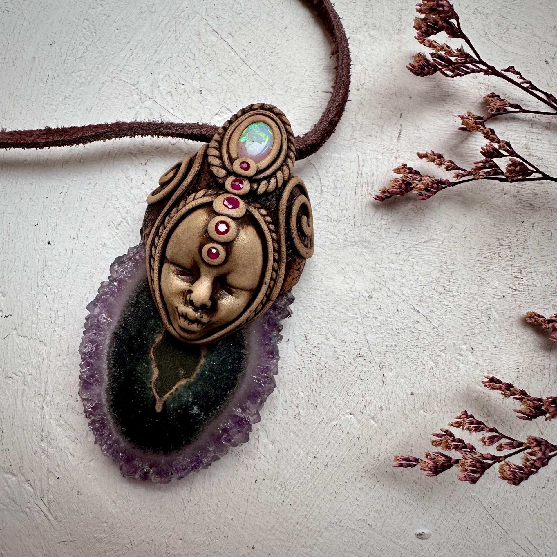 Amethyst Stalactite Australian Opal and Ruby Goddess Necklace - FairyGardenGlow