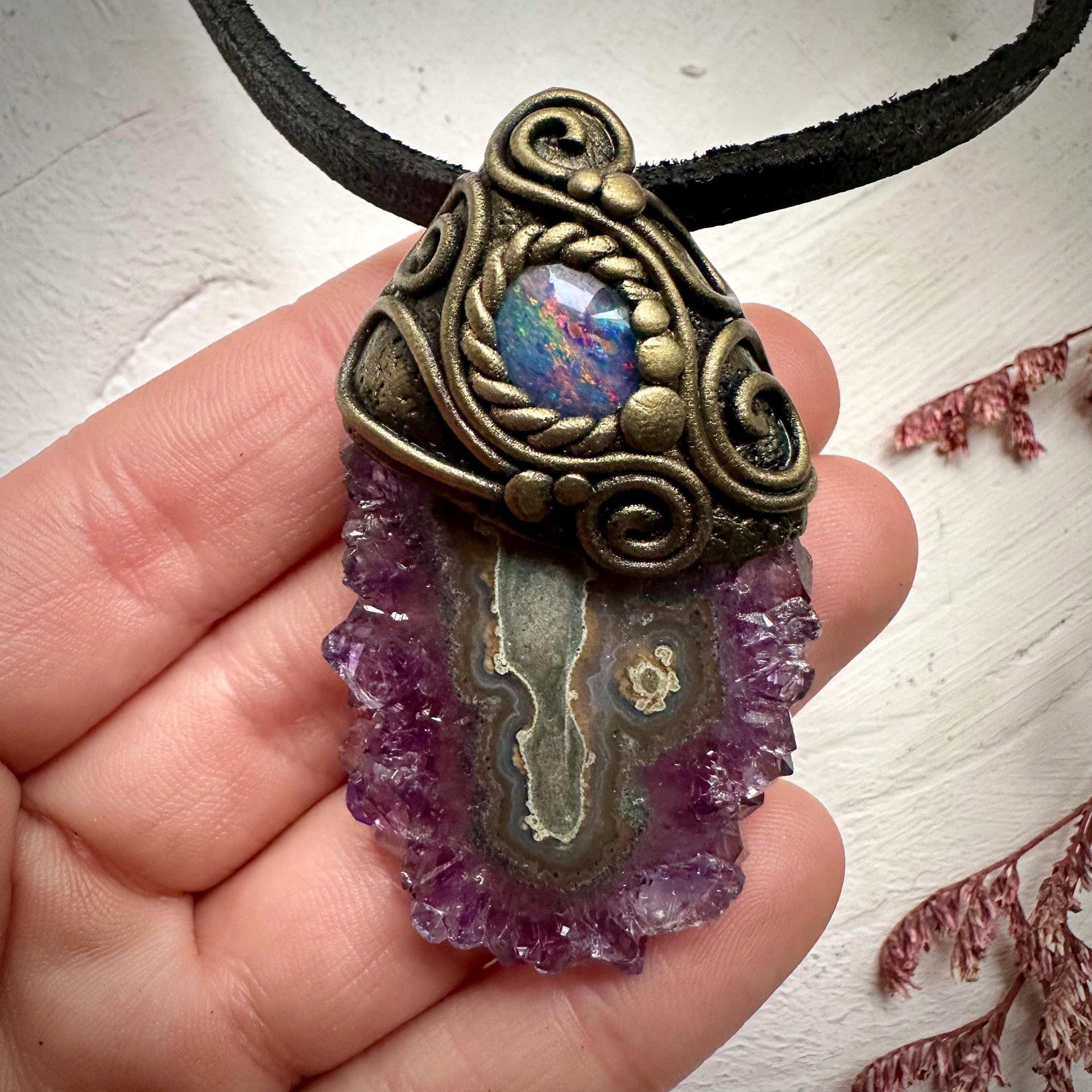 Amethyst Stalactite and Australian Opal Triplet Pendant Necklace - FairyGardenGlow