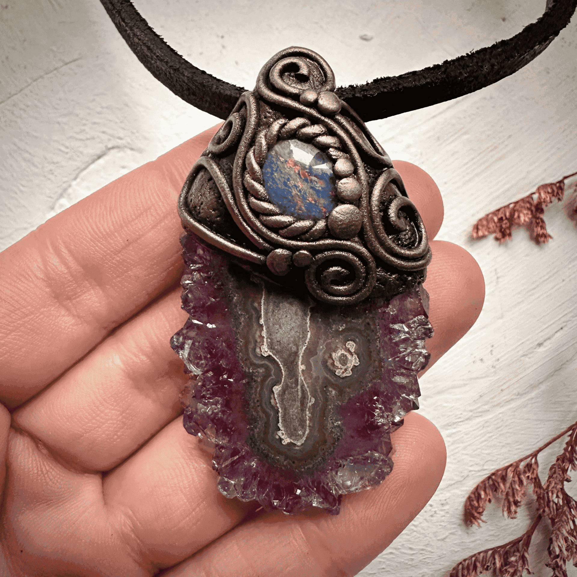 Amethyst Stalactite and Australian Opal Triplet Pendant Necklace - FairyGardenGlow