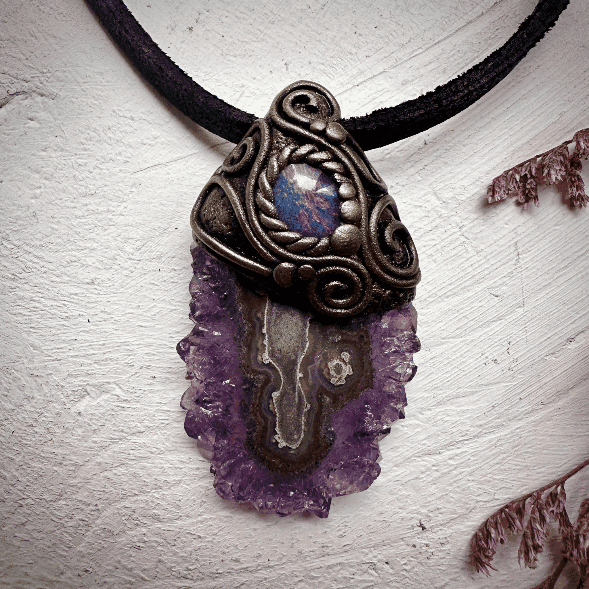 Amethyst Stalactite and Australian Opal Triplet Pendant Necklace - FairyGardenGlow