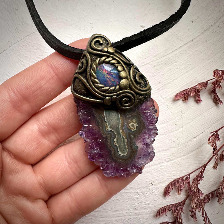 Amethyst Stalactite and Australian Opal Triplet Pendant Necklace - FairyGardenGlow