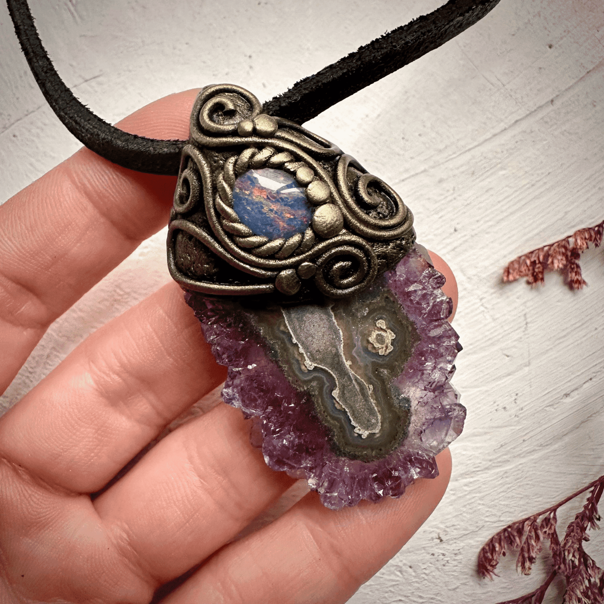 Amethyst Stalactite and Australian Opal Triplet Pendant Necklace - FairyGardenGlow