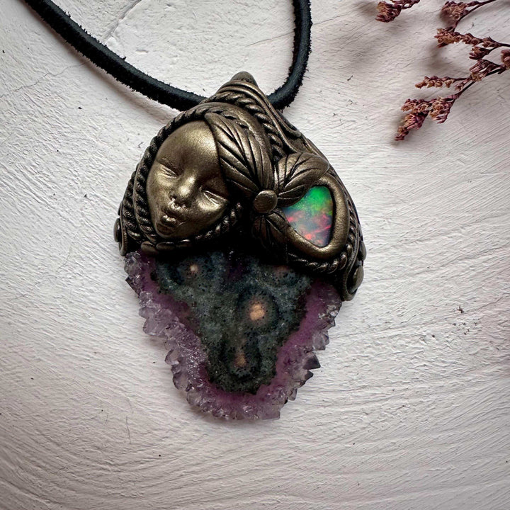 Amethyst Stalactite and Raw Ethiopian Opal Goddess Necklace - FairyGardenGlow