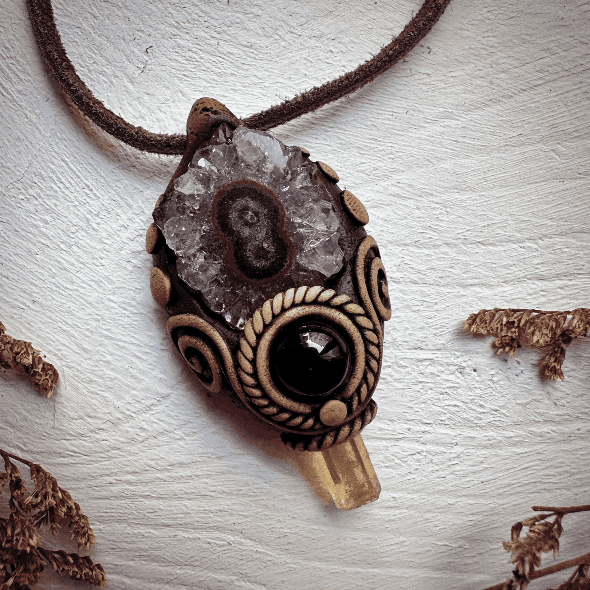Amethyst Stalactite Heliodor and Black Onyx Necklace - FairyGardenGlow