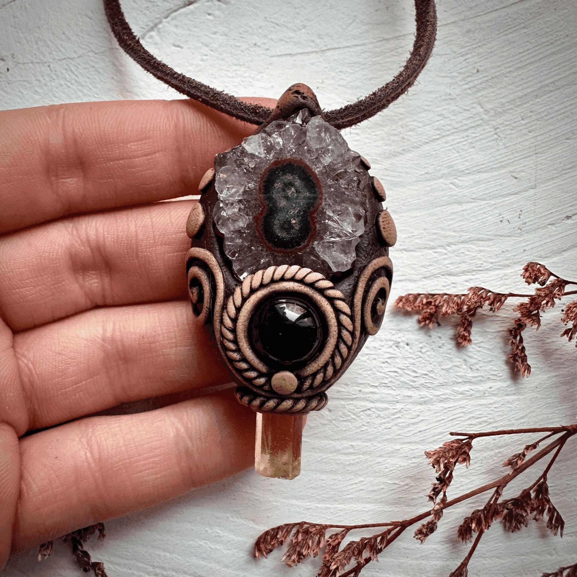 Amethyst Stalactite Heliodor and Black Onyx Necklace - FairyGardenGlow
