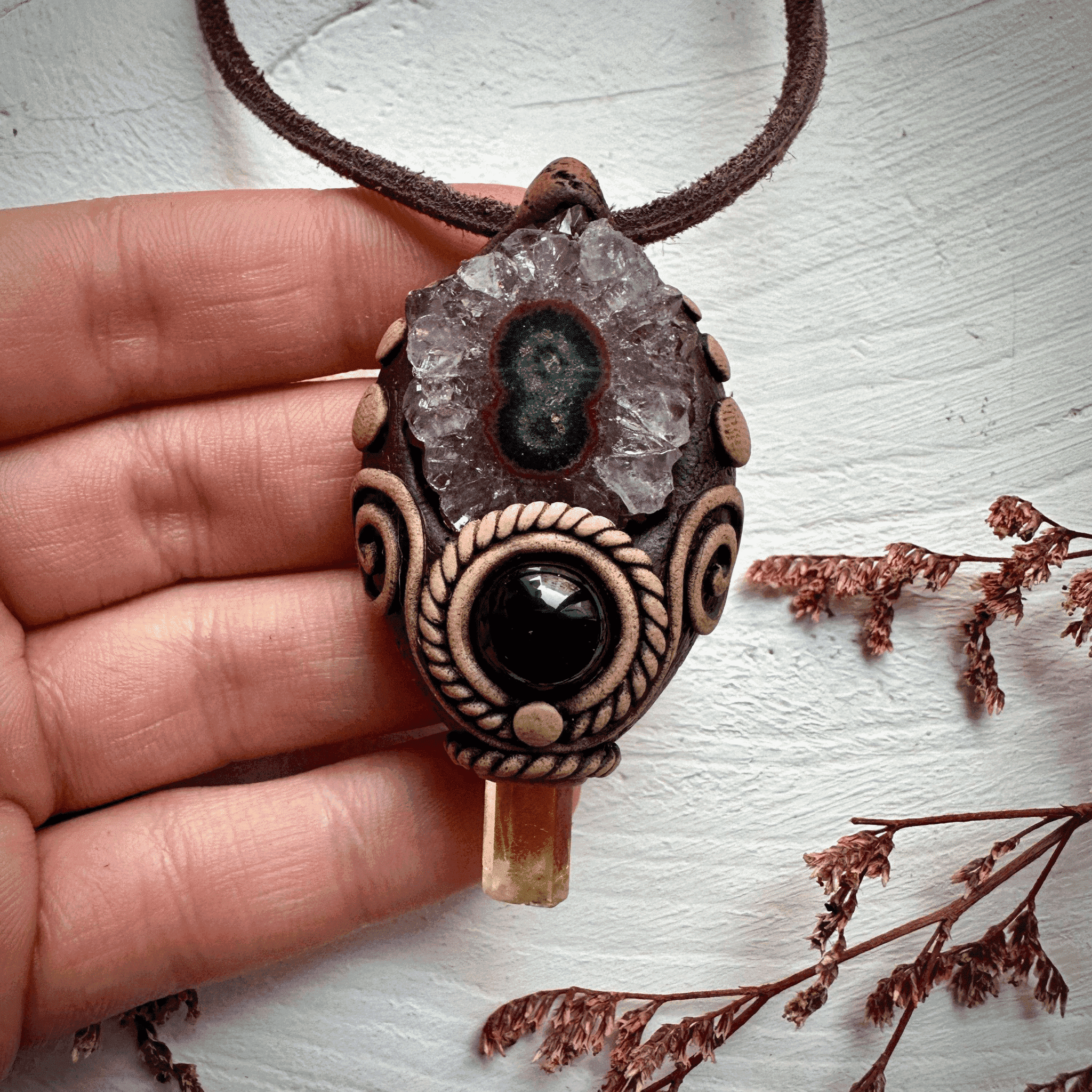 Amethyst Stalactite Heliodor and Black Onyx Necklace - FairyGardenGlow