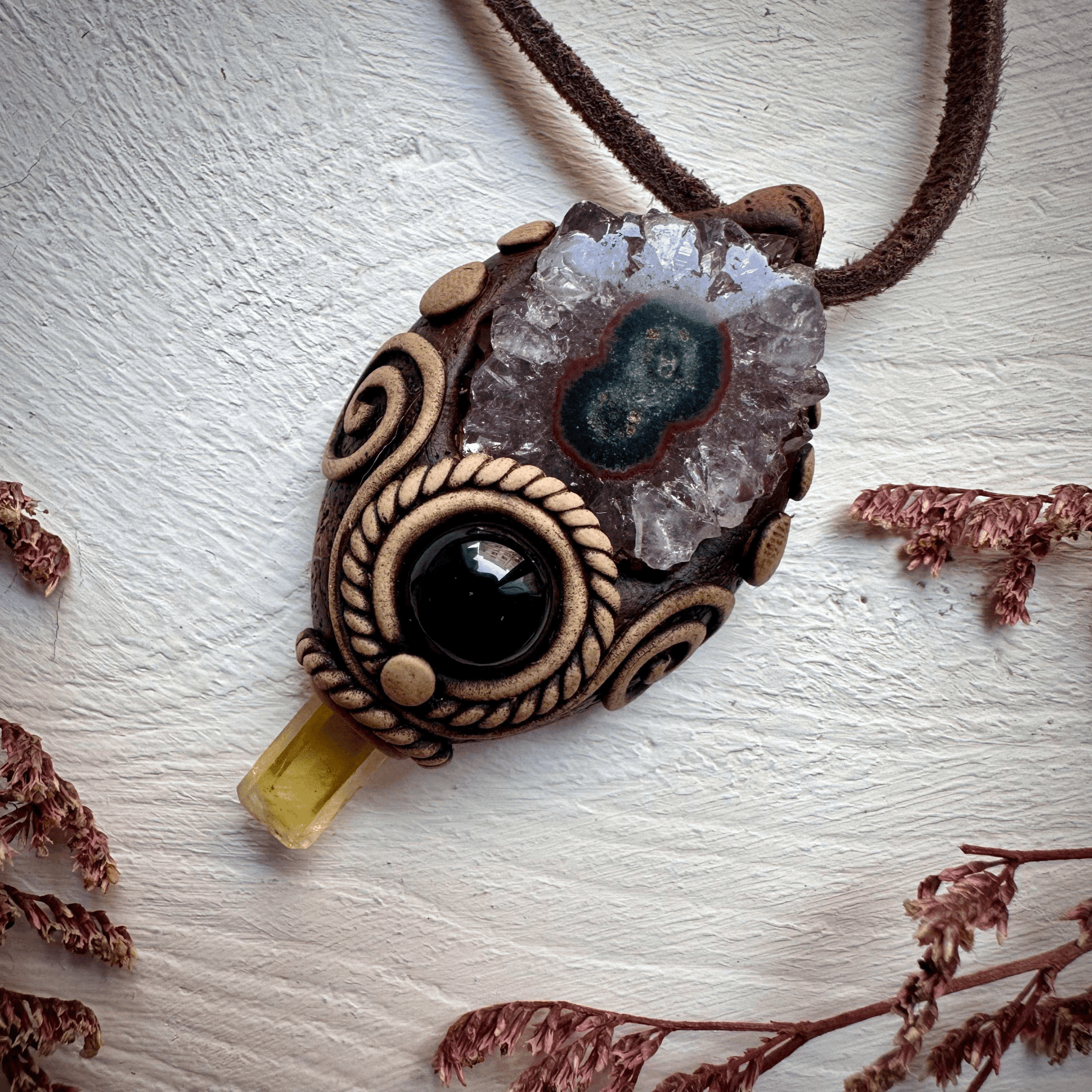 Amethyst Stalactite Heliodor and Black Onyx Necklace - FairyGardenGlow
