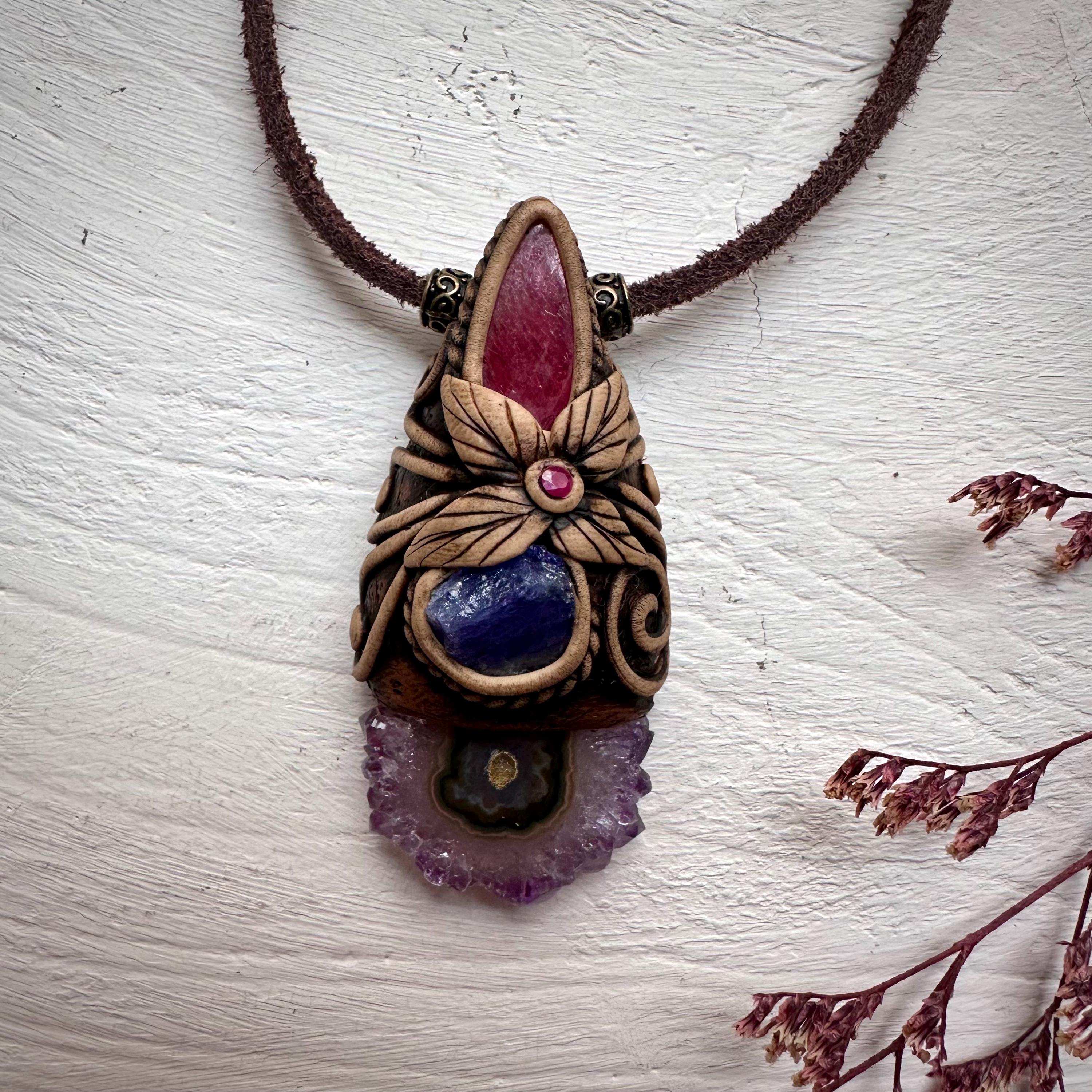 Amethyst Stalactite Tanzanite Rhodonite and Ruby Pendant Necklace - FairyGardenGlow
