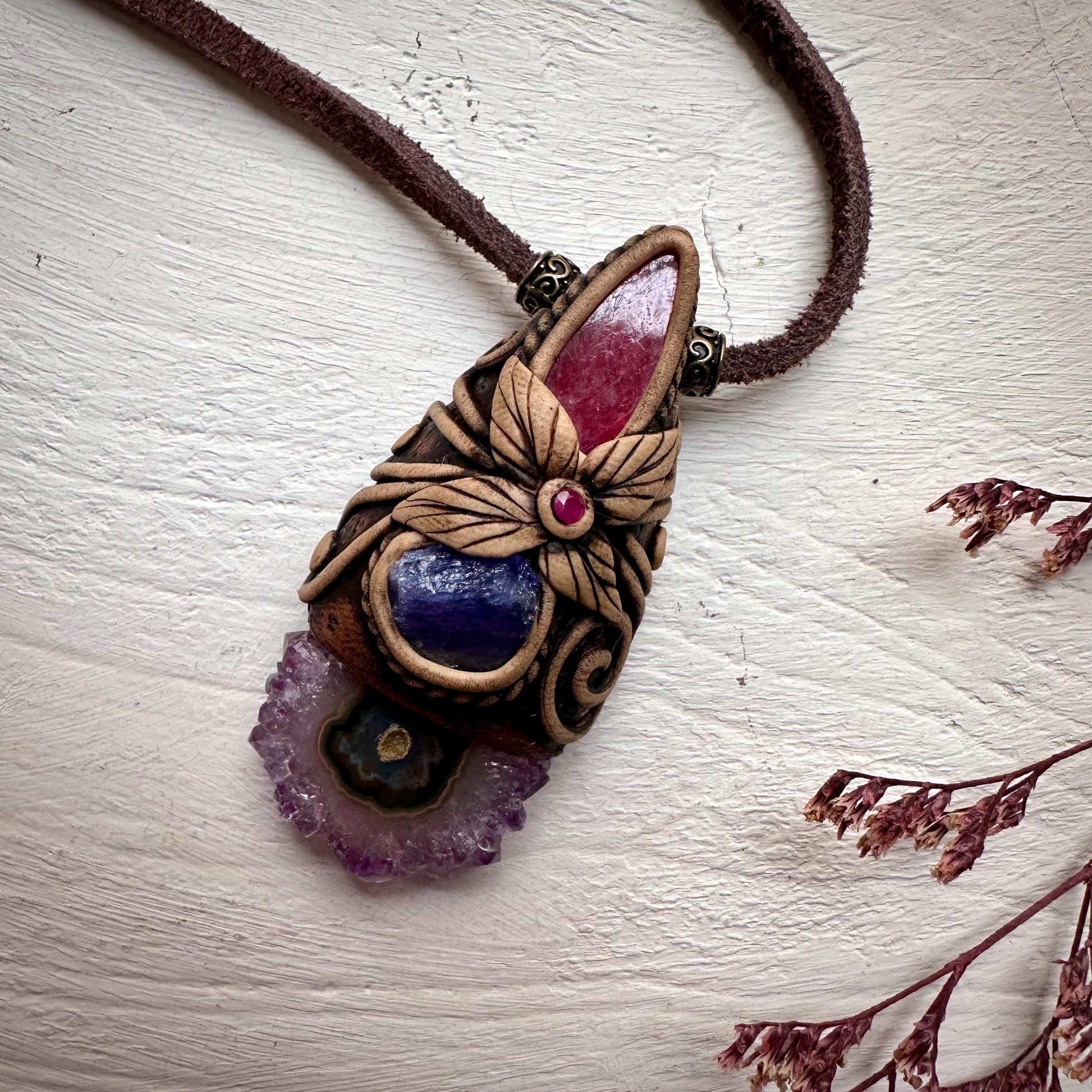 Amethyst Stalactite Tanzanite Rhodonite and Ruby Pendant Necklace - FairyGardenGlow