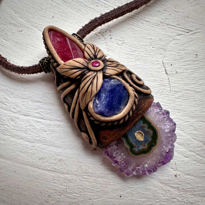 Amethyst Stalactite Tanzanite Rhodonite and Ruby Pendant Necklace - FairyGardenGlow