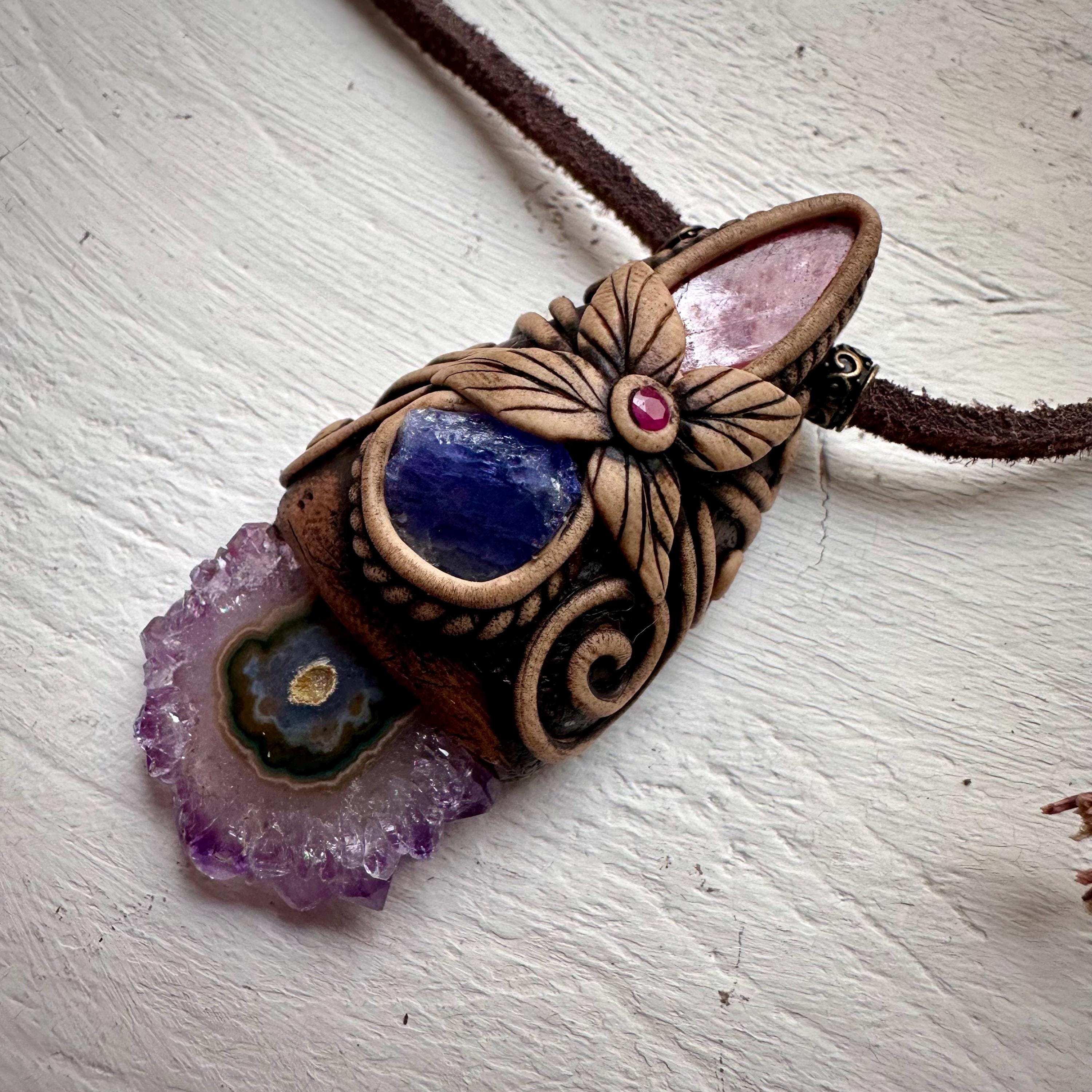 Amethyst Stalactite Tanzanite Rhodonite and Ruby Pendant Necklace - FairyGardenGlow