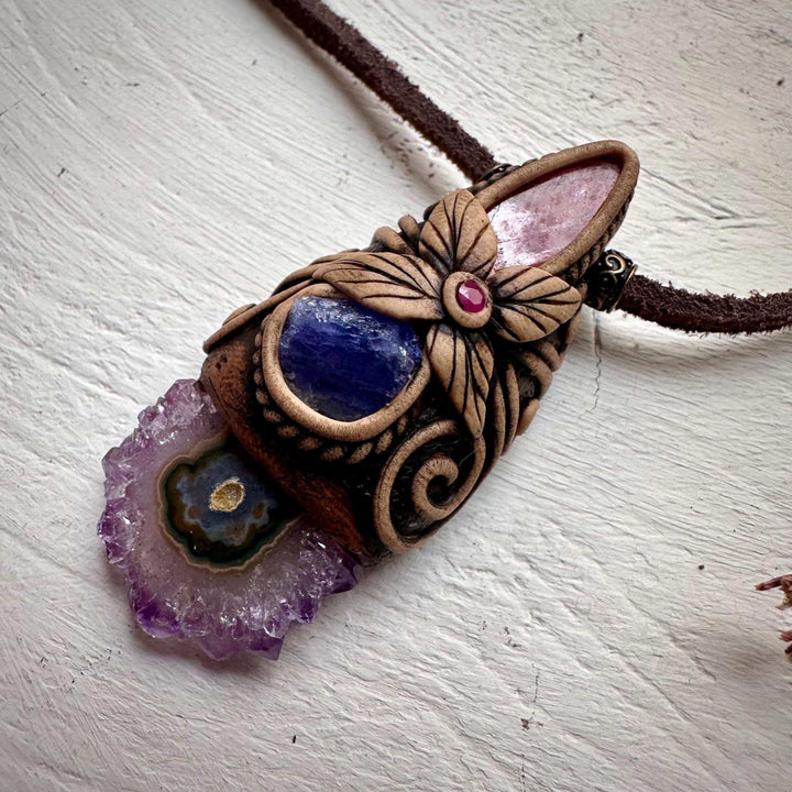 Amethyst Stalactite Tanzanite Rhodonite and Ruby Pendant Necklace - FairyGardenGlow