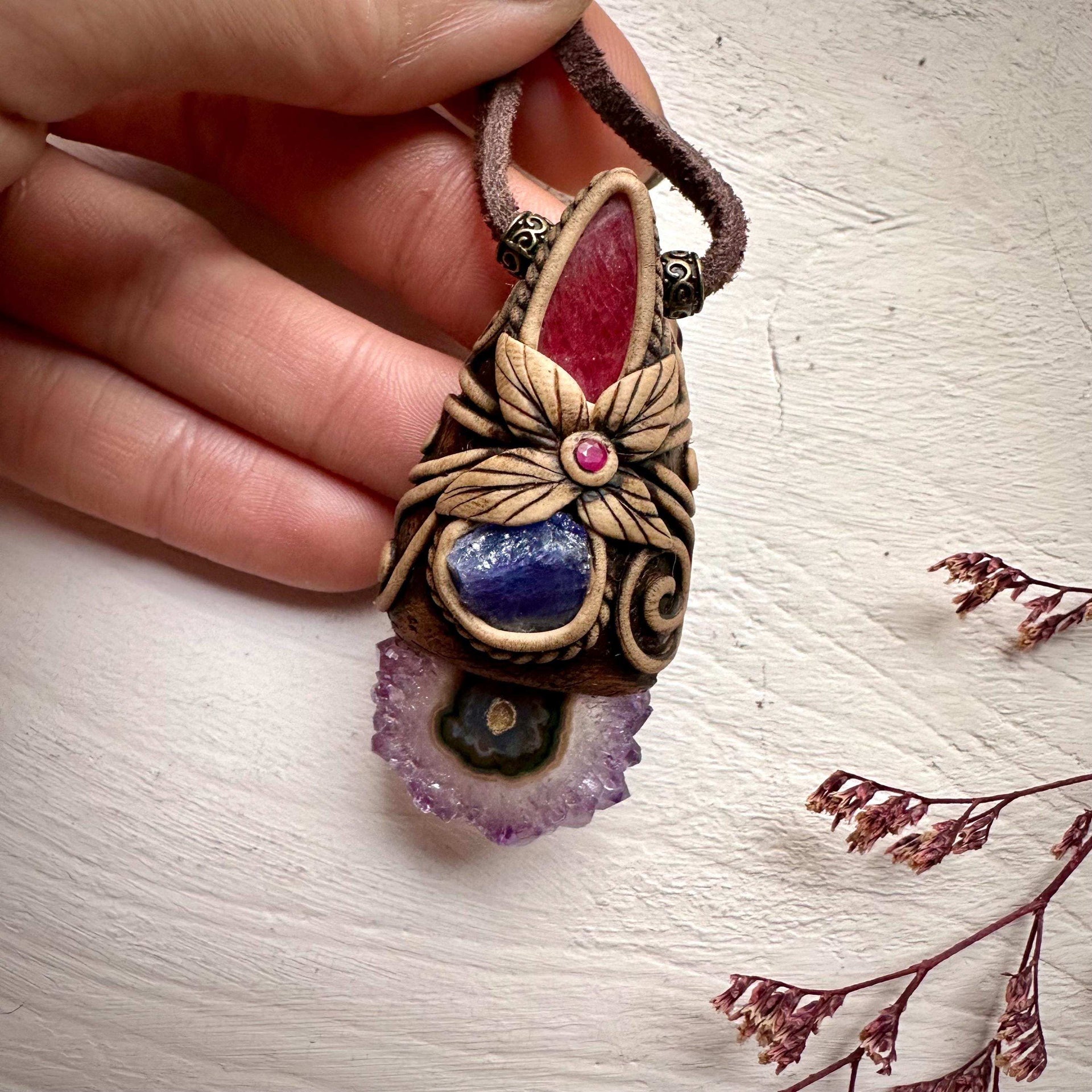 Amethyst Stalactite Tanzanite Rhodonite and Ruby Pendant Necklace - FairyGardenGlow