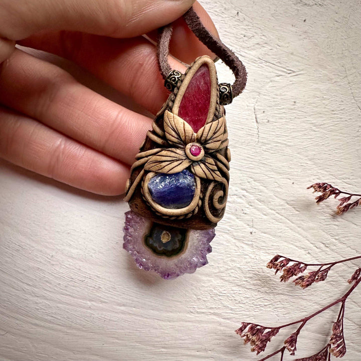Amethyst Stalactite Tanzanite Rhodonite and Ruby Pendant Necklace - FairyGardenGlow