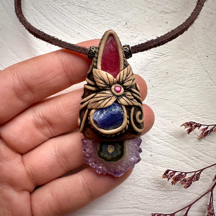 Amethyst Stalactite Tanzanite Rhodonite and Ruby Pendant Necklace - FairyGardenGlow
