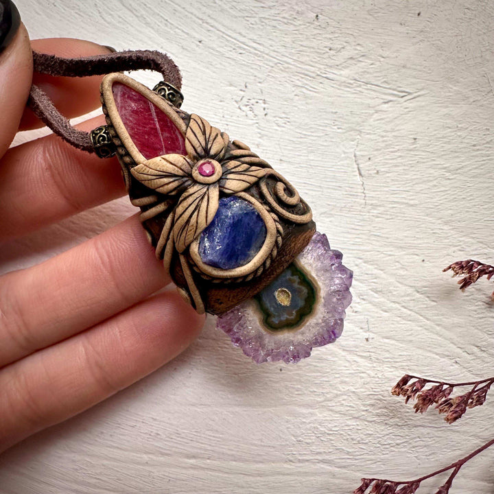 Amethyst Stalactite Tanzanite Rhodonite and Ruby Pendant Necklace - FairyGardenGlow