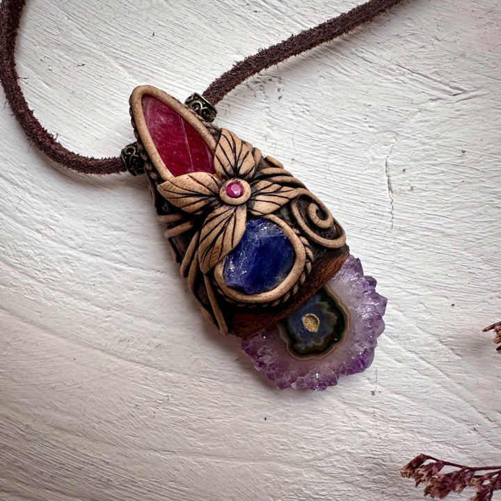 Amethyst Stalactite Tanzanite Rhodonite and Ruby Pendant Necklace - FairyGardenGlow