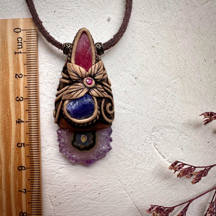 Amethyst Stalactite Tanzanite Rhodonite and Ruby Pendant Necklace - FairyGardenGlow