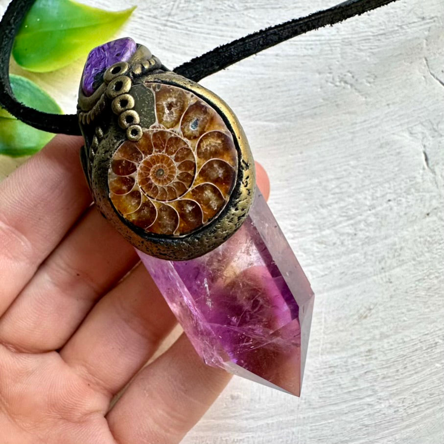 Ametrine, Ammonite and Charoite Pendant – Mini Healing Crystal Wand for Transformation and Balance