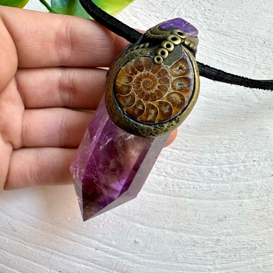 Crystal Wand Pendant – Ametrine, Ammonite and Charoite for Balance and Clarity