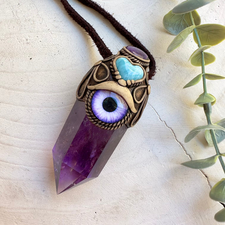 Ametrine, Larimar heart and Stichtite third eye wand protection amulet necklace