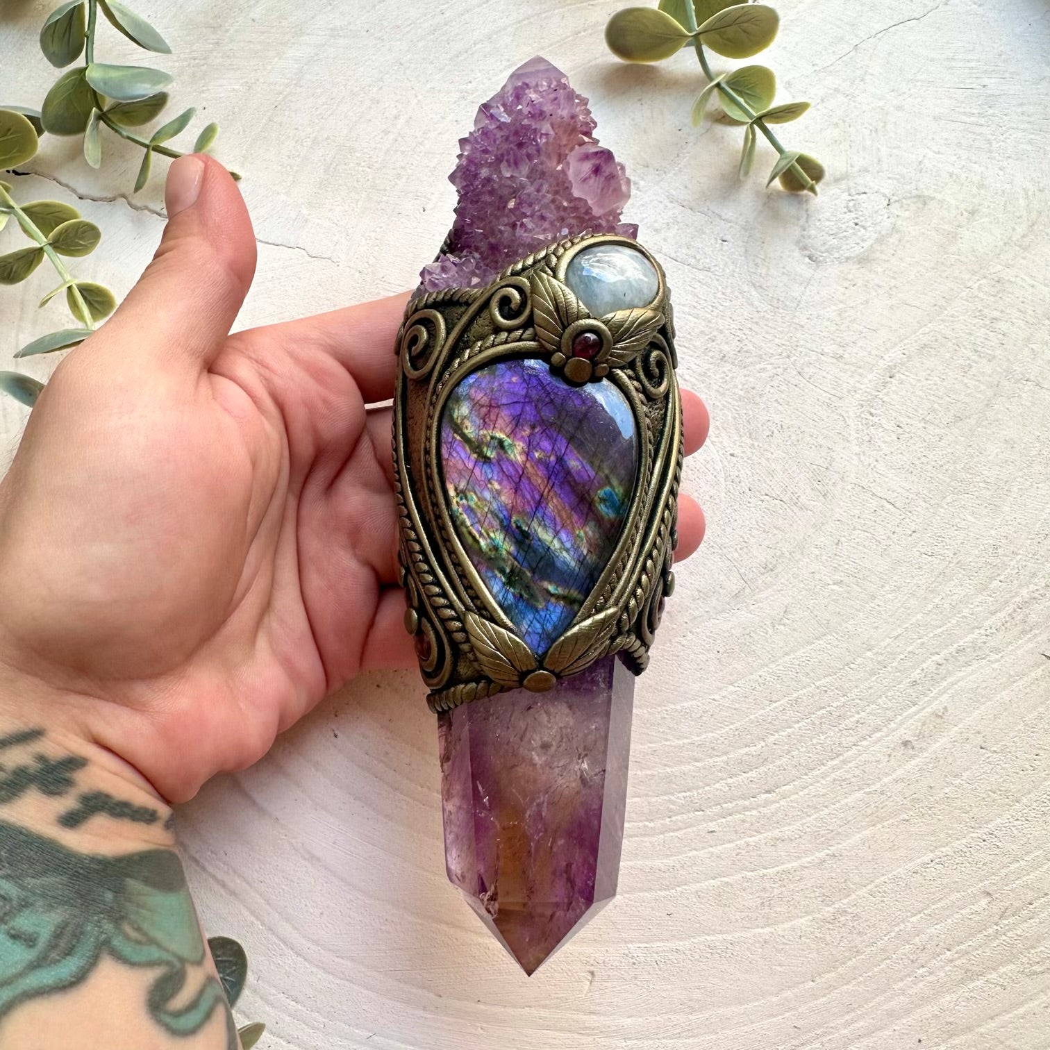 Handmade spiritual wand featuring Moonstone, Rhodolite Garnet and Purple Labradorite.