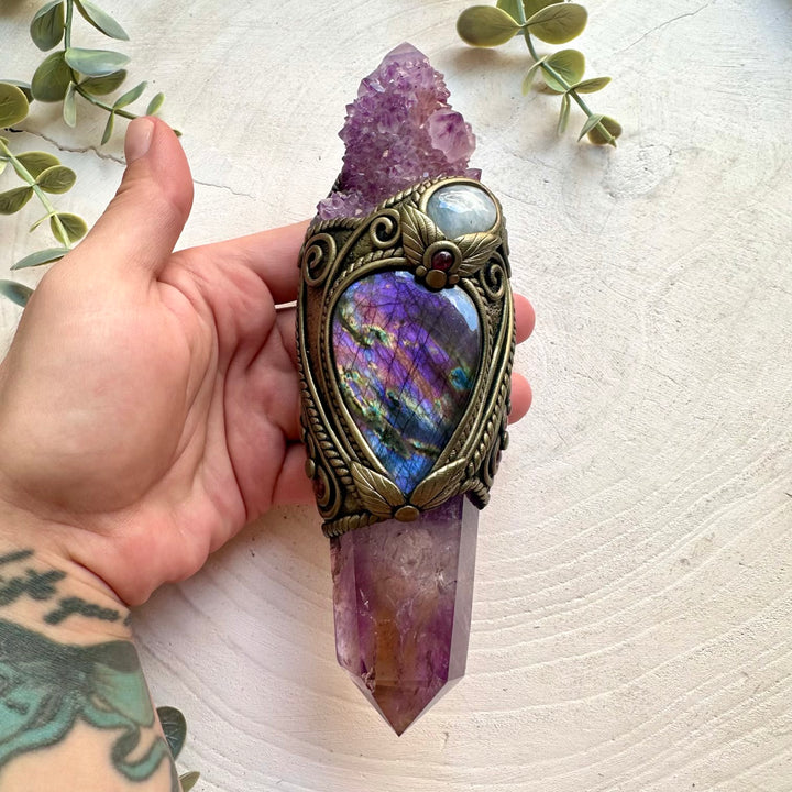 Handmade spiritual wand featuring Moonstone, Rhodolite Garnet and Purple Labradorite.