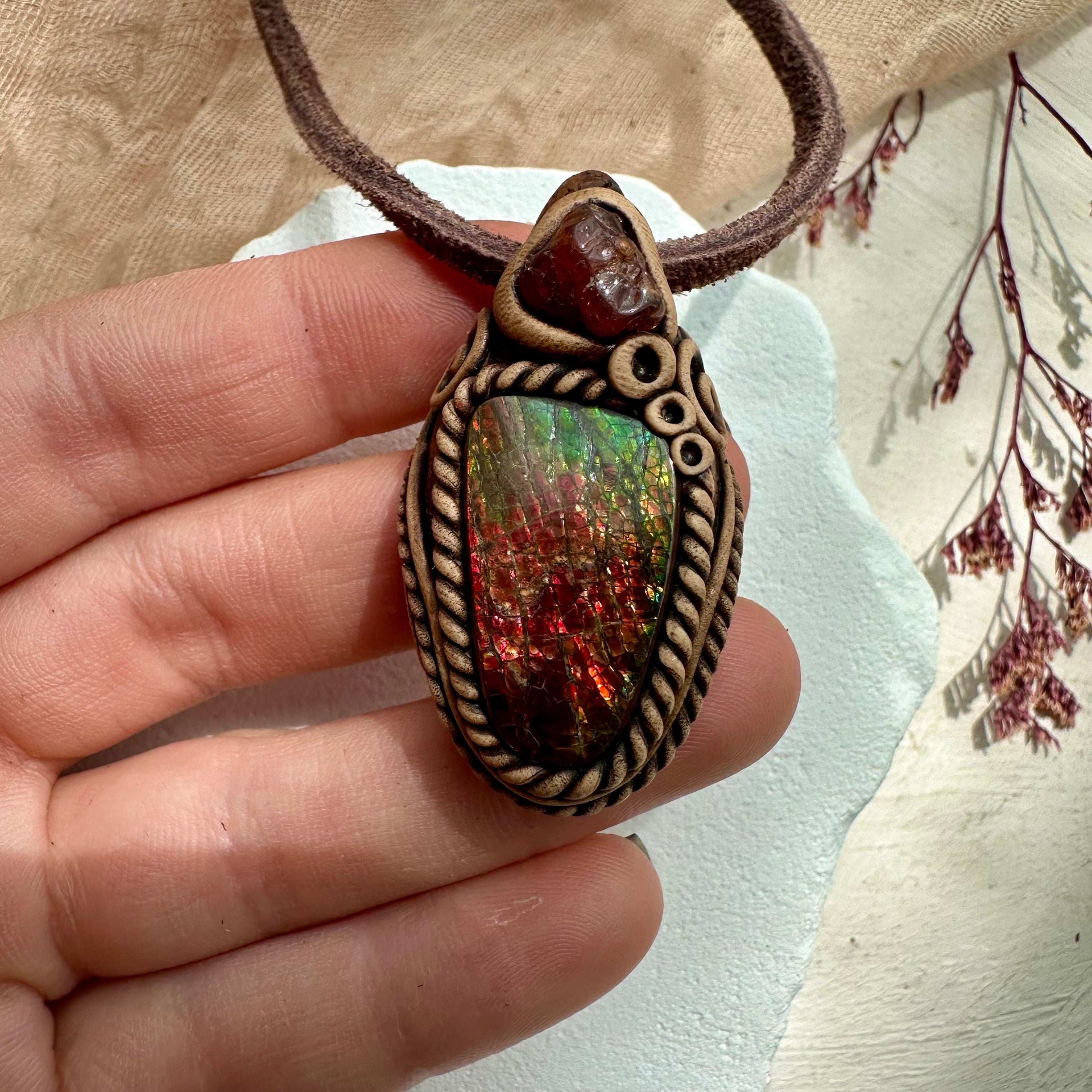 Ammolite and Hessonite Garnet Necklace - FairyGardenGlow