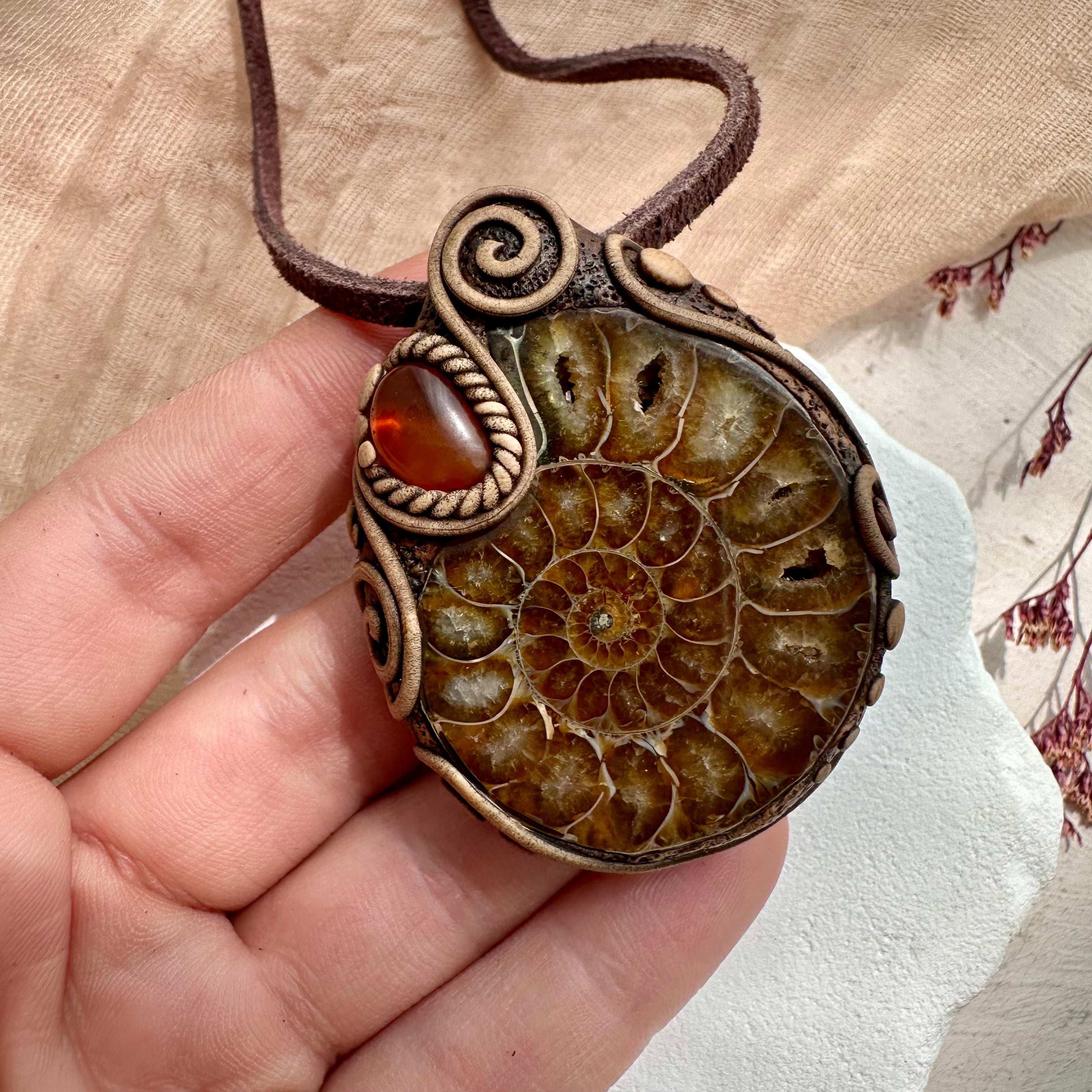 Ammonite and Amber Necklace - FairyGardenGlow