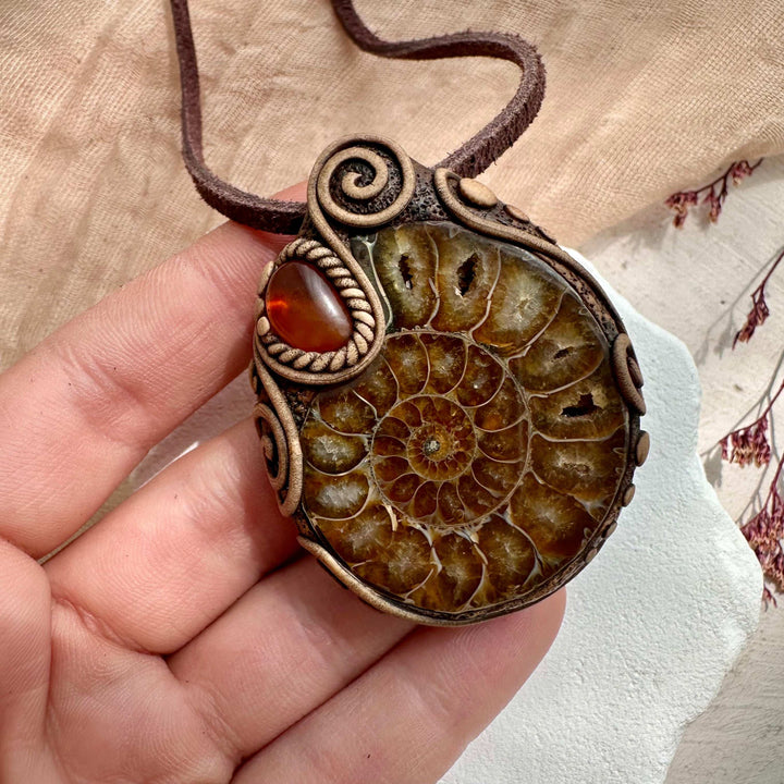 Ammonite and Amber Necklace - FairyGardenGlow