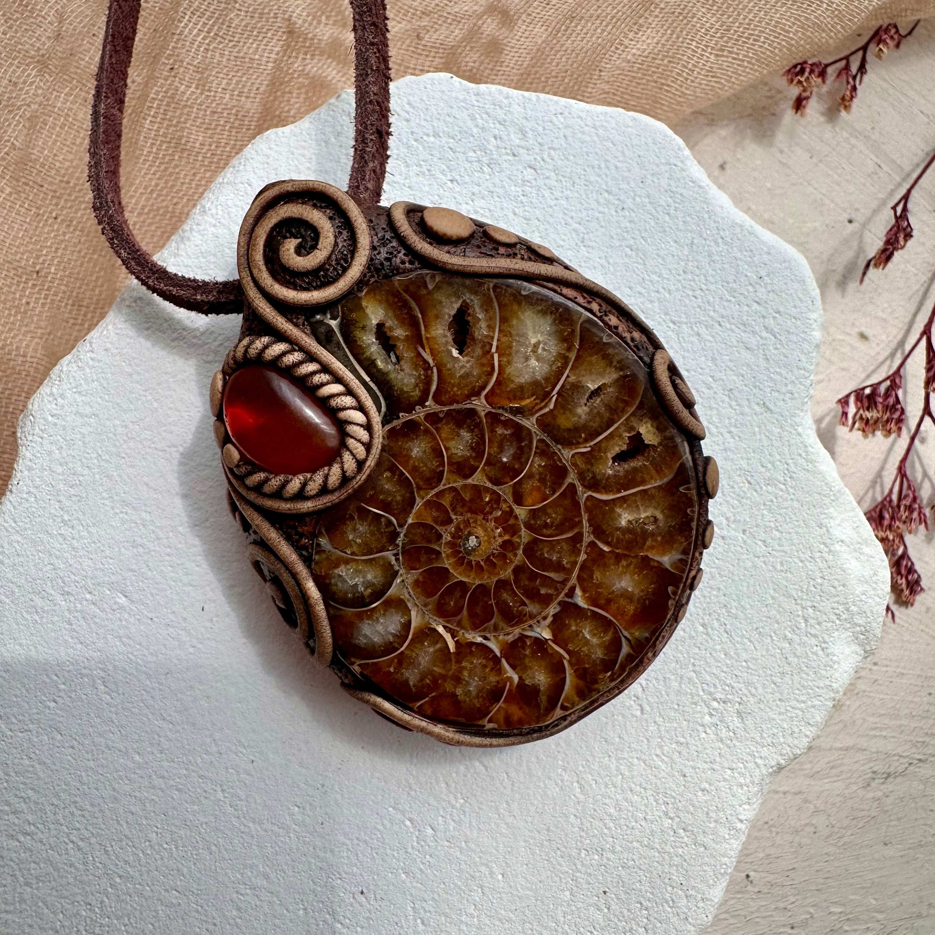 Ammonite and Amber Necklace - FairyGardenGlow