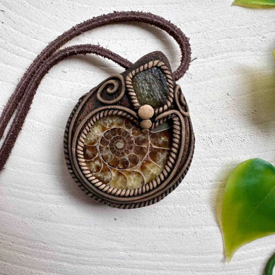 Healing stone necklace with Ammonite fossil and Moldavite crystal