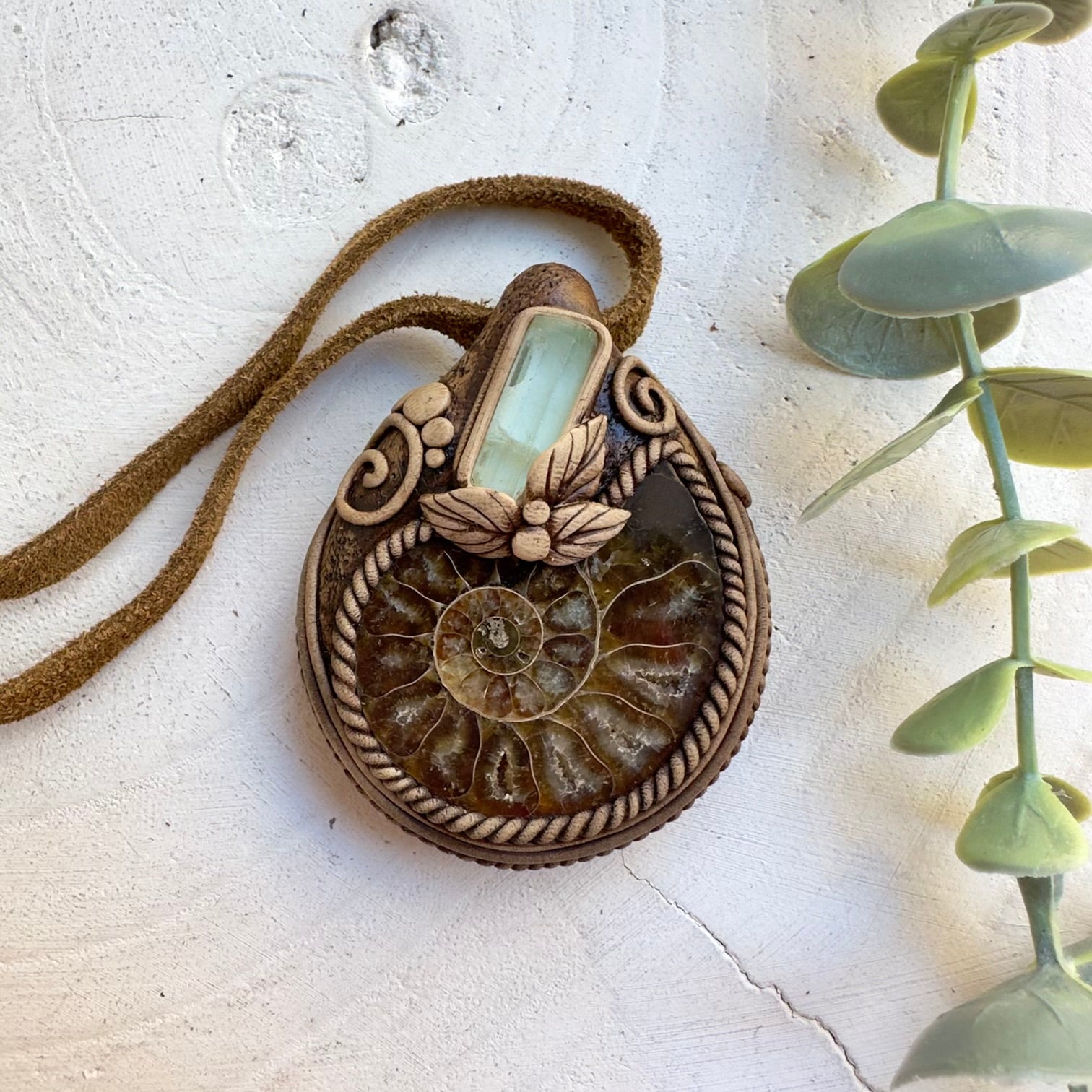 Ammonite and Aquamarine crystal necklace handmade with natural gemstones