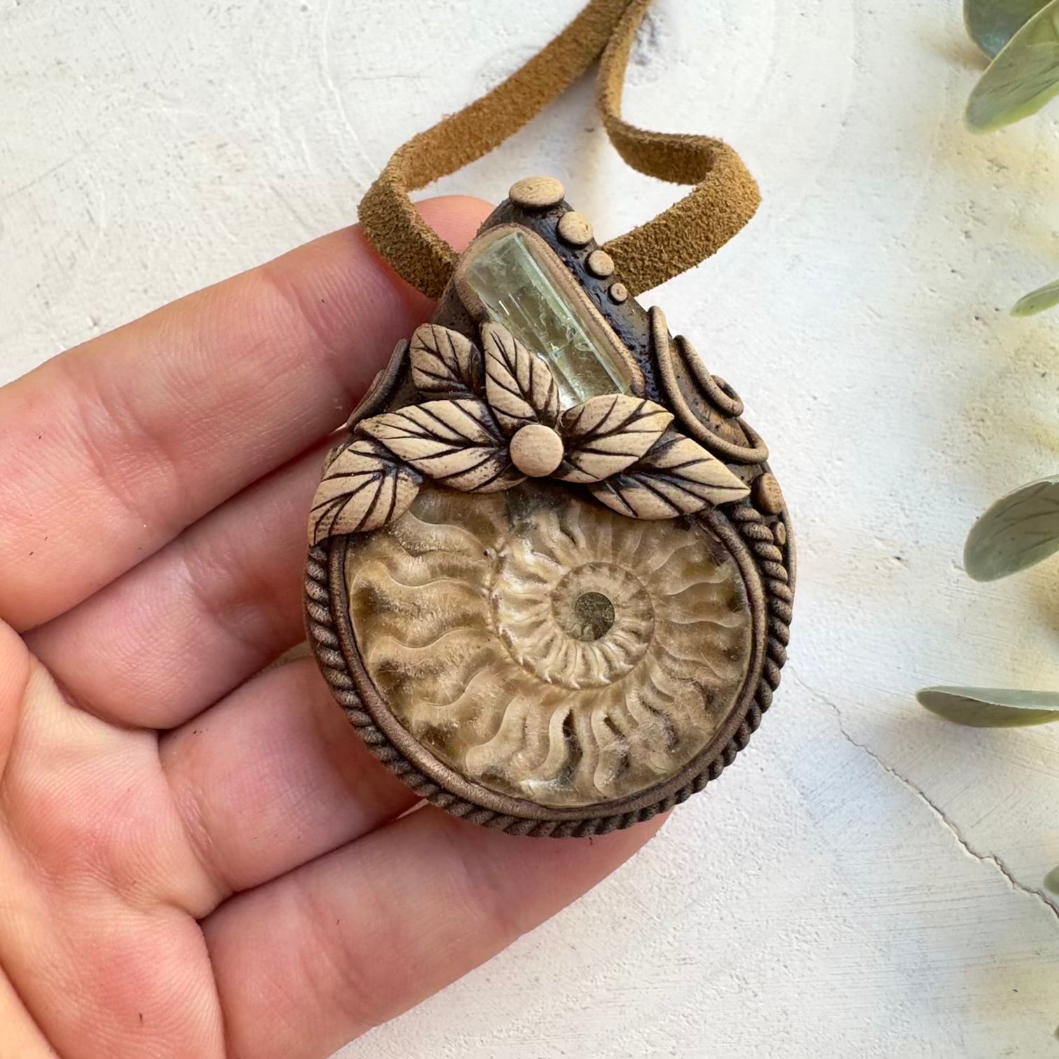 Ammonite and aquamarine necklace unisex crystal jewelry