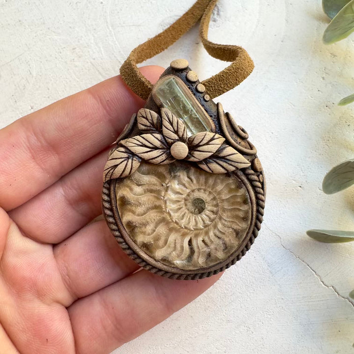 Ammonite and aquamarine necklace unisex crystal jewelry