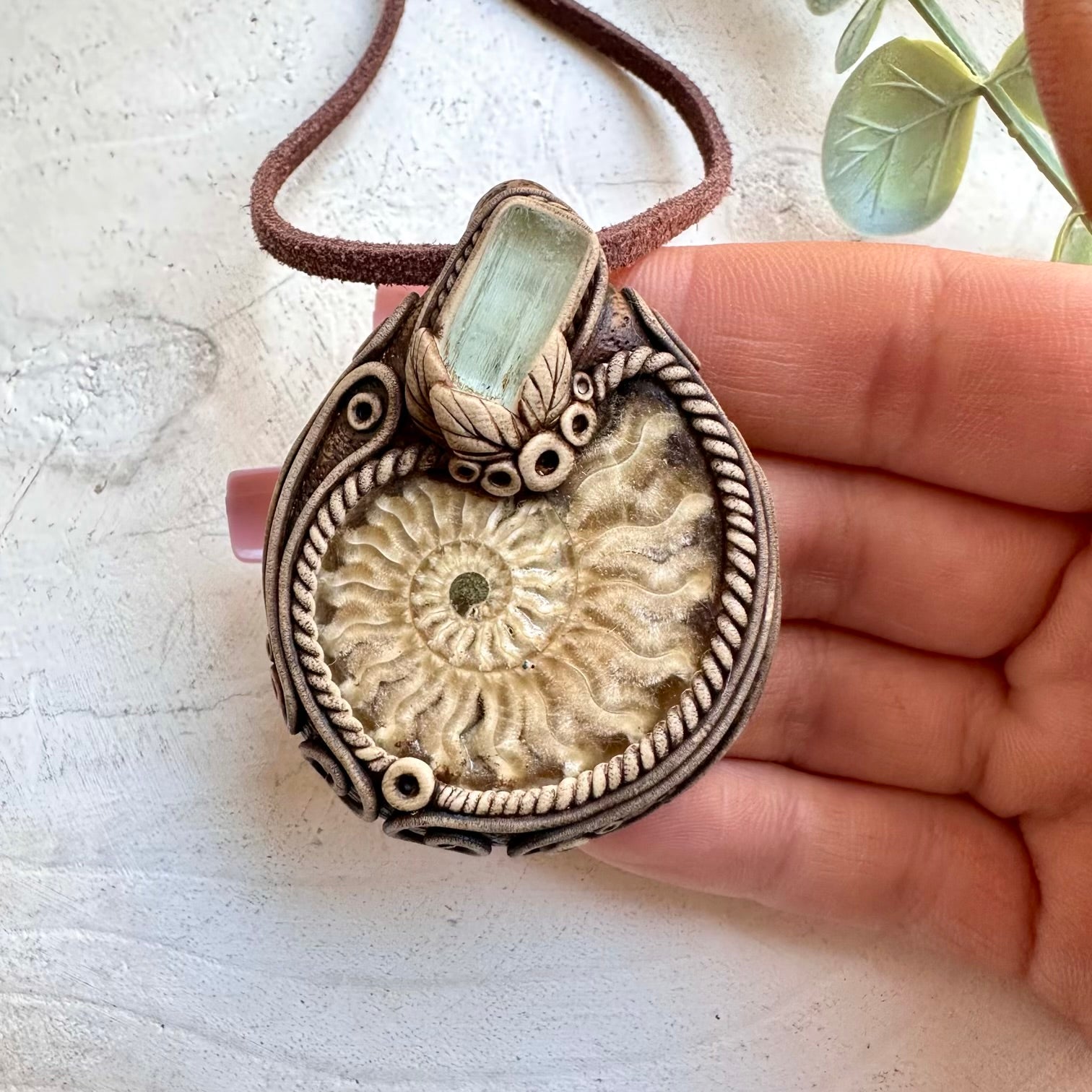 Ammonite and aquamarine pendant necklace