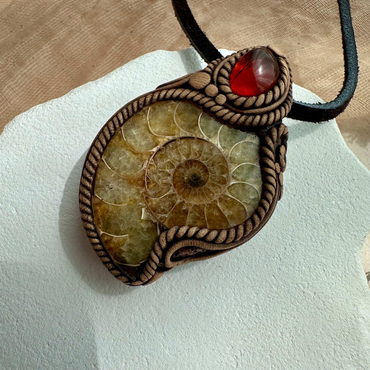Ammonite and Baltic Amber Pendant - FairyGardenGlow